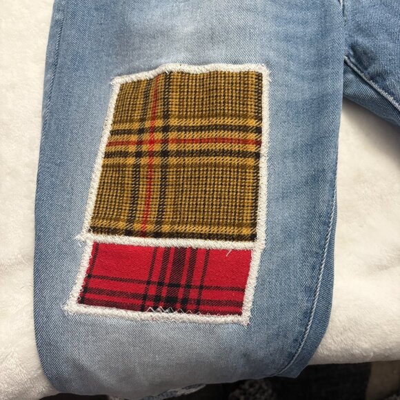 Mens Povrich Patchwork Distressed Skinny Jeans W/Plaid & Leopard Details Size 32 - Picture 6 of 11